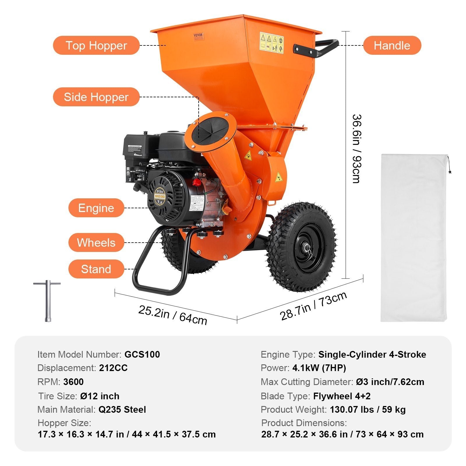 Vevor Wood Chipper Shredder Mulcher 3" Capacity 7HP Gas Powered 212cc New